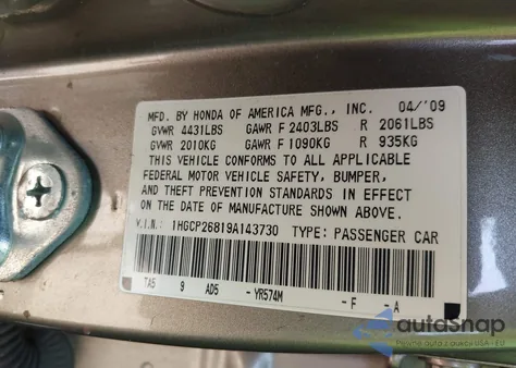 2009 Honda Accord 2.4 Ex-L z USA, uszkodzony, nr VIN 1HGCP26819A143730
